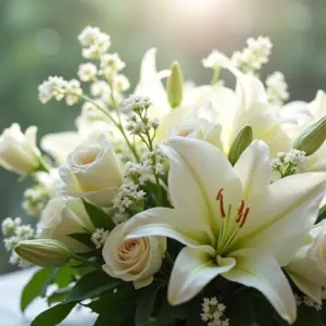 Arranjo floral elegante para funeral com rosas brancas e lírios.