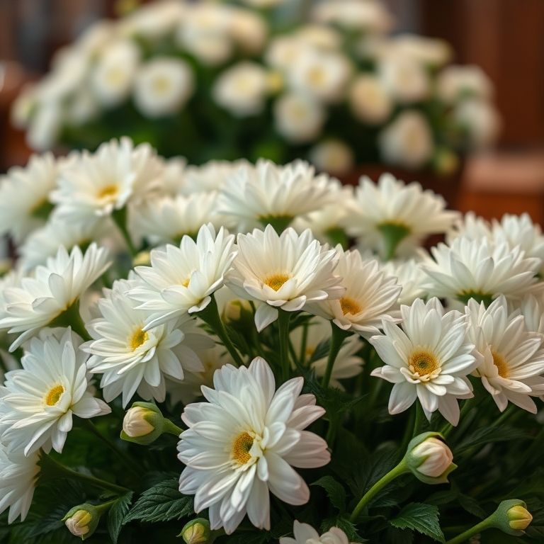 Arranjo fúnebre com crisântemos brancos.