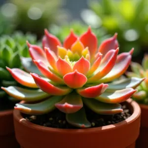 Arranjo vibrante de suculentas Echeveria em vaso de terracota sob luz natural.