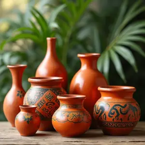 Arranjo vibrante de vasos de terracota pintados à mão em estilo brasileiro.