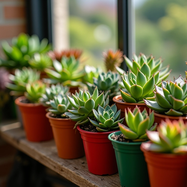 Arranjos de suculentas em vasos coloridos numa varanda ensolarada.