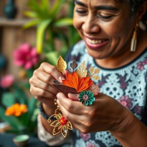 Artesã brasileira sorrindo criando arte em filigrana de papel (quilling)