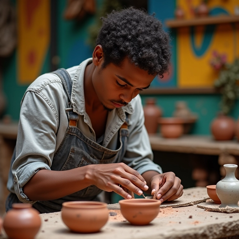 Artesã brasileira trabalhando em cerâmica, encontrando sentido no trabalho.