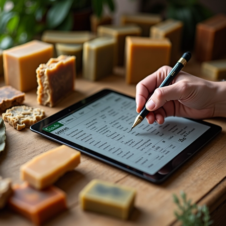 Artesã calculando preço de sabonetes em tablet.