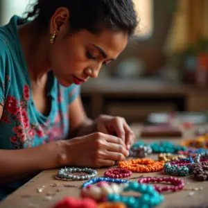 Fabricante de Bijuterias Artesanais Pode Ser MEI Artesã criando bijuterias coloridas em oficina iluminada.