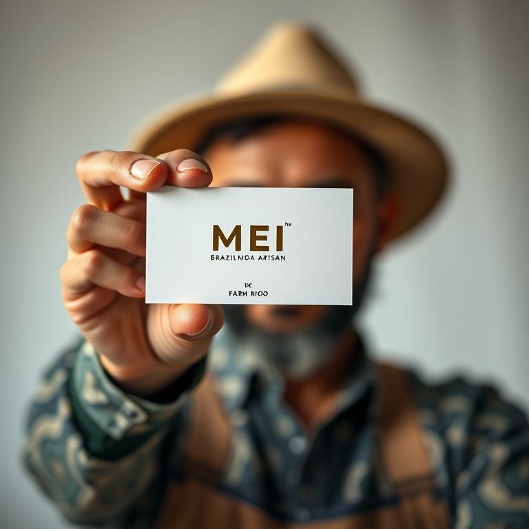 Artesã exibindo cartão de visita com logo MEI.