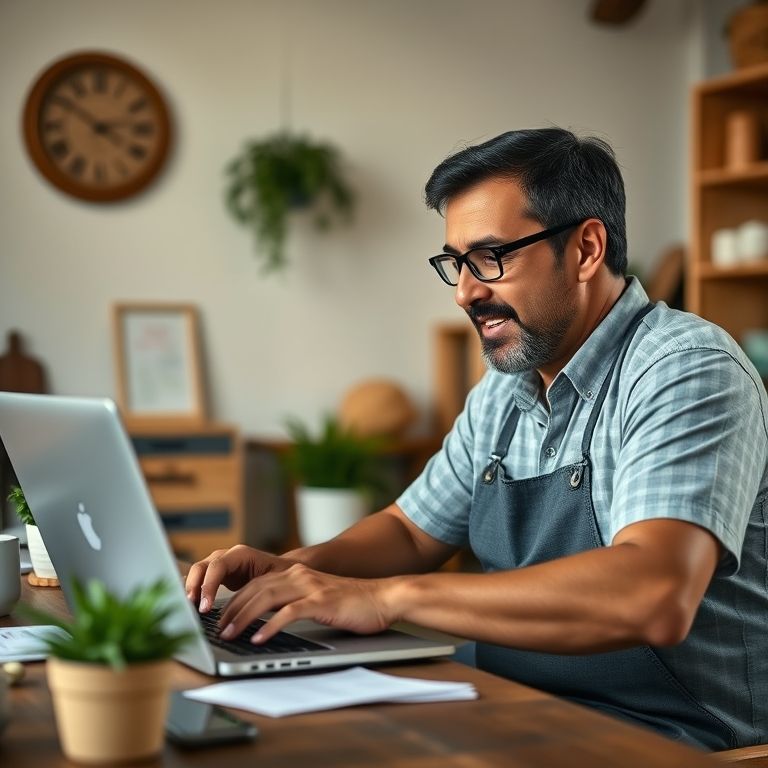 Artesã MEI preenchendo declaração de imposto de renda no laptop.
