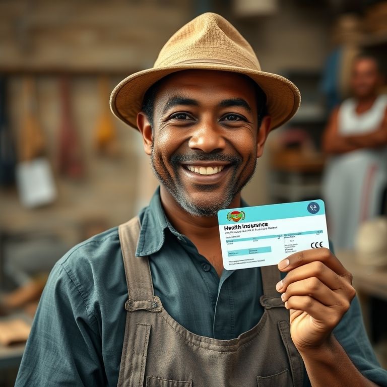 Artesã MEI sorrindo, segurando cartão do plano de saúde.