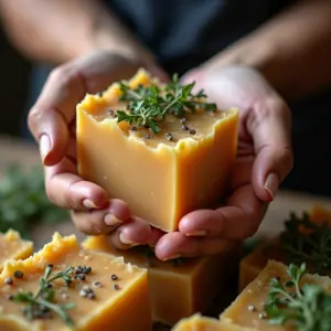 Artesã produzindo sabonetes naturais em oficina colorida.