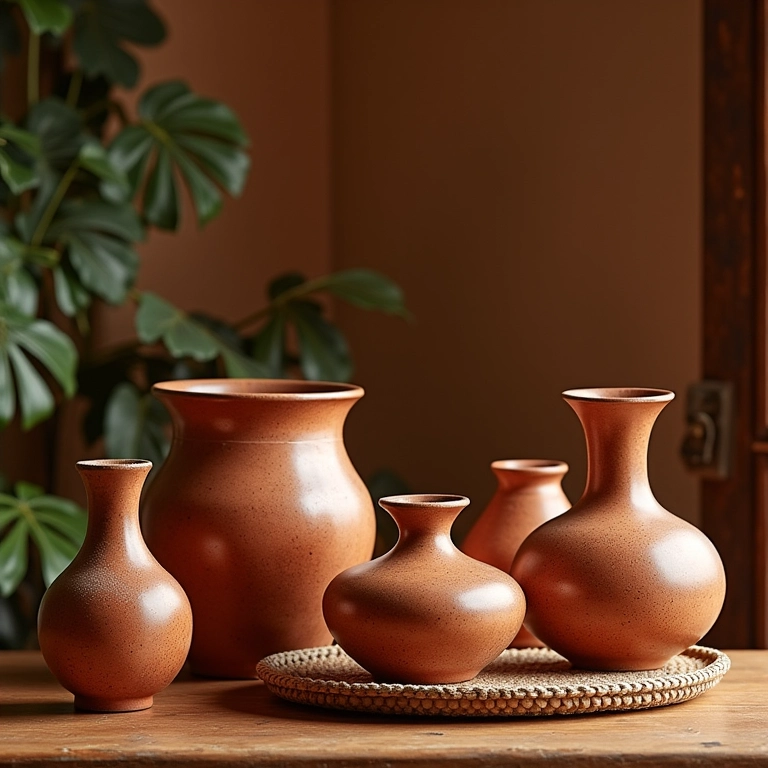 Artesanato local em rancho: cerâmica brasileira e peças de barro feitas à mão em decoração rústica.