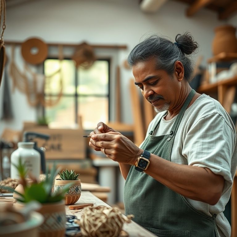Artesão criando artesanato sustentável com materiais reciclados.