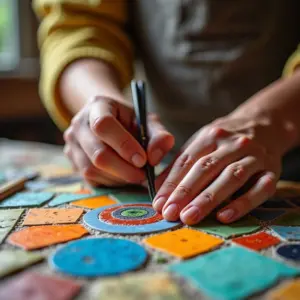 Artesão criando um mosaico colorido em seu ateliê.