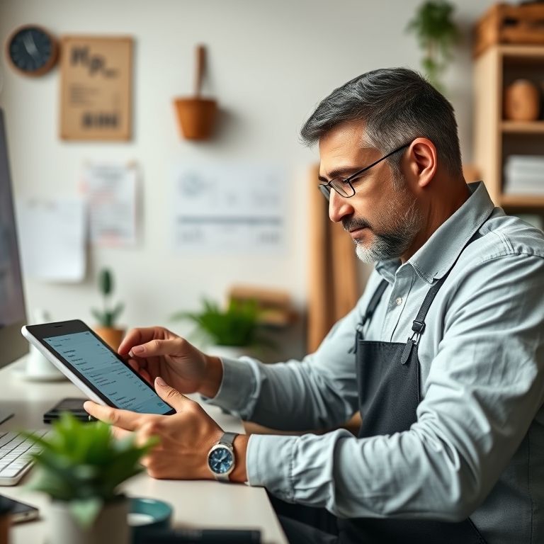 Artesão emitindo nota fiscal pelo tablet, interface intuitiva.