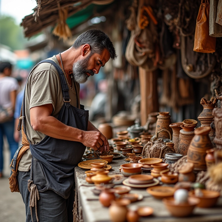 Artesão exibindo produtos artesanais em mercado brasileiro movimentado.