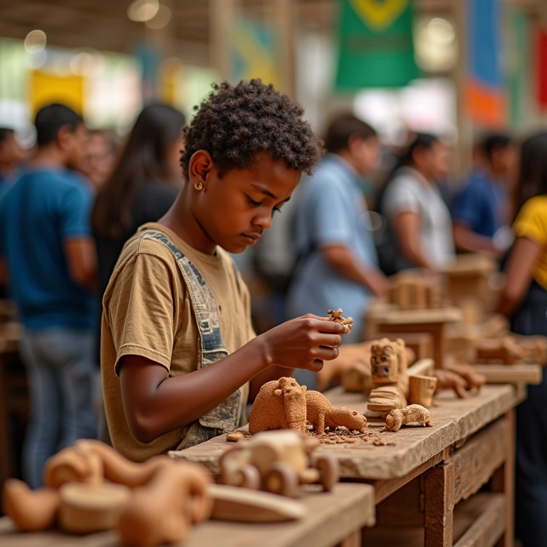 Artesão expondo seus brinquedos em uma feira de artesanato local.
