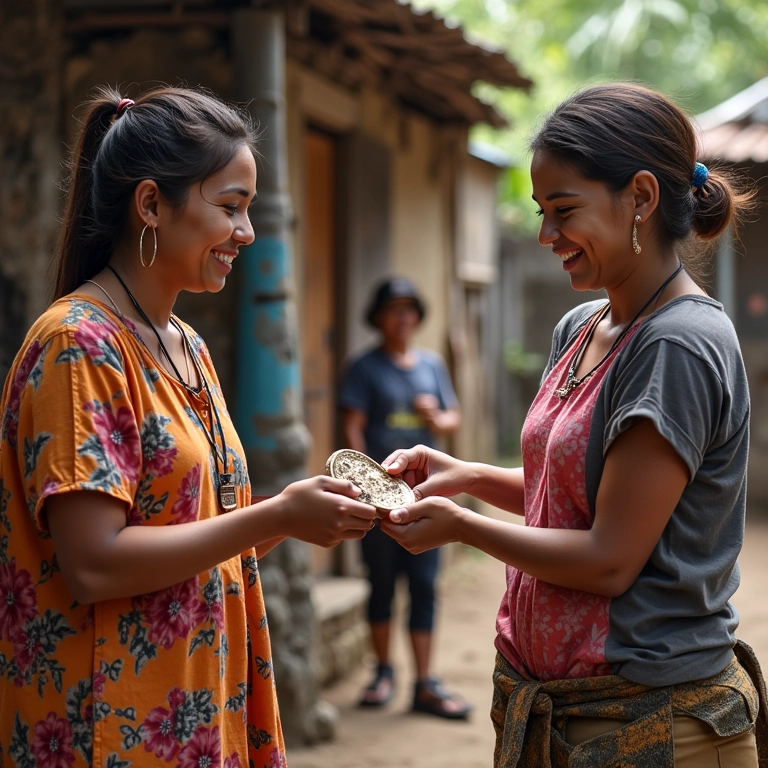 Artesão local recebendo pagamento justo por artesanato de turistas em vila brasileira.