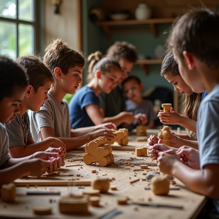 Artesão ministrando um workshop de criação de brinquedos de madeira para adultos.