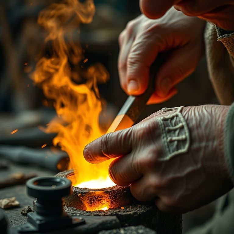 Artesão moldando ouro derretido, demonstrando sua resistência e durabilidade.