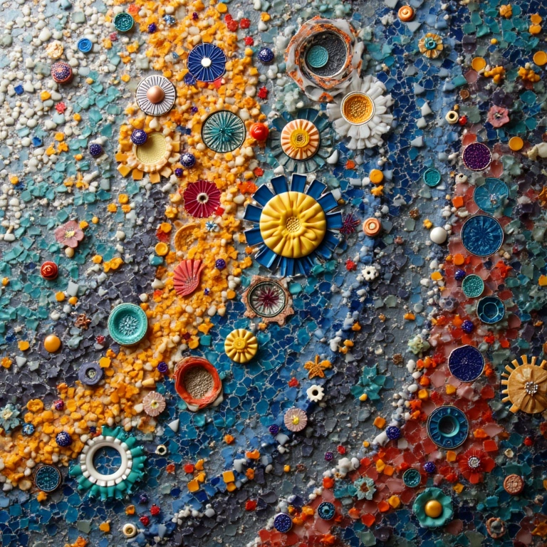 Artesão mostrando seus mosaicos.