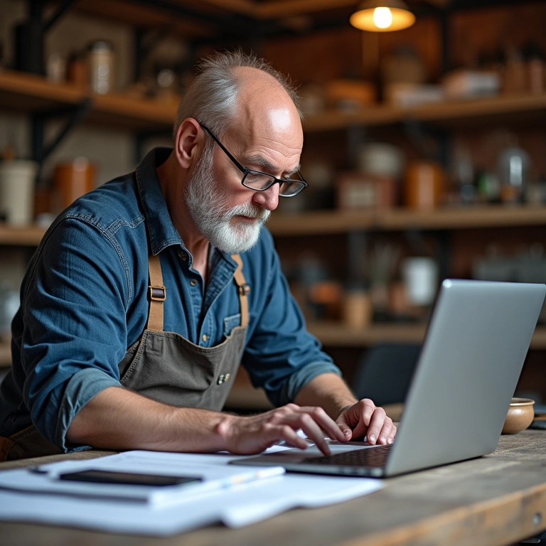 Artesão preenchendo sua declaração anual de impostos MEI em um laptop.