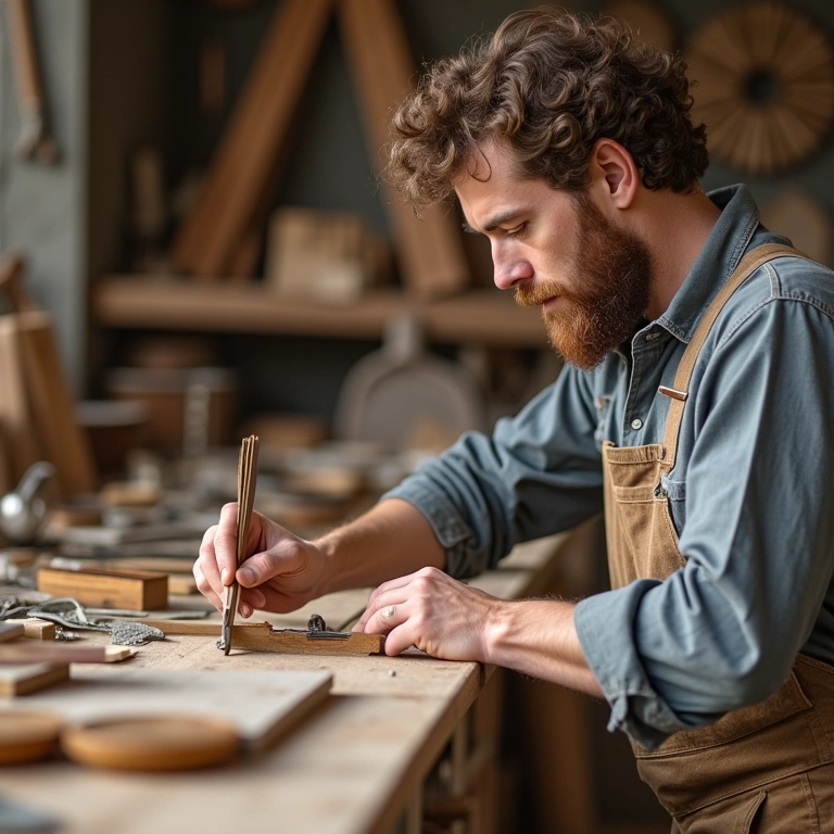 Artesão selecionando materiais naturais para reforma de museu.
