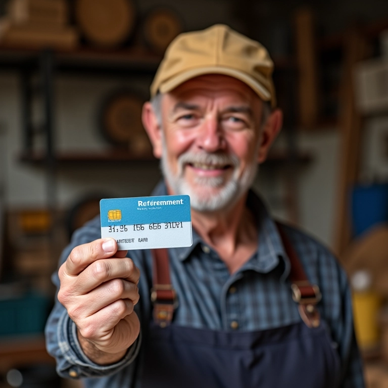 Artesão sorrindo com sua carteira de benefícios.