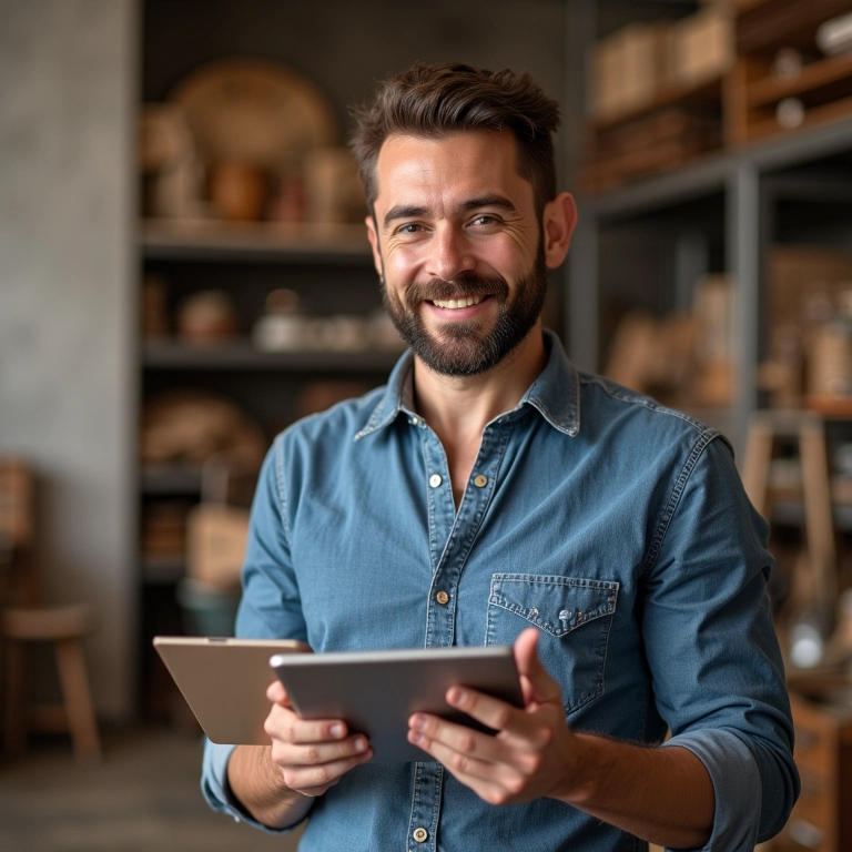 Artesão sorrindo emitindo nota fiscal para restauração de móveis.