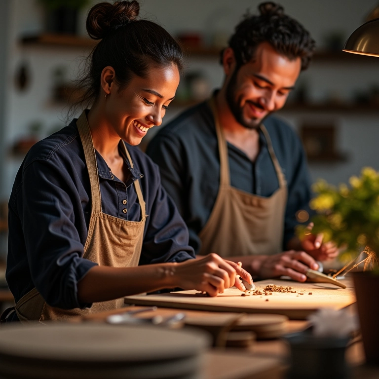 Artesão trabalhando com um funcionário em sua oficina.