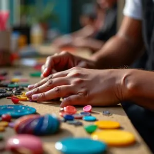 Artesãos criando joias em resina epóxi em um ateliê vibrante.