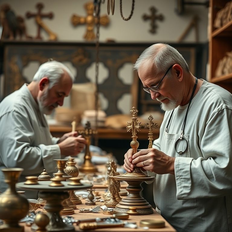Artesãos trabalhando em oficina no Vaticano, criando artefatos religiosos.