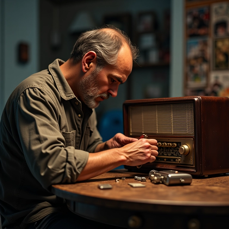 Artisão consertando um rádio antigo com atenção aos detalhes.