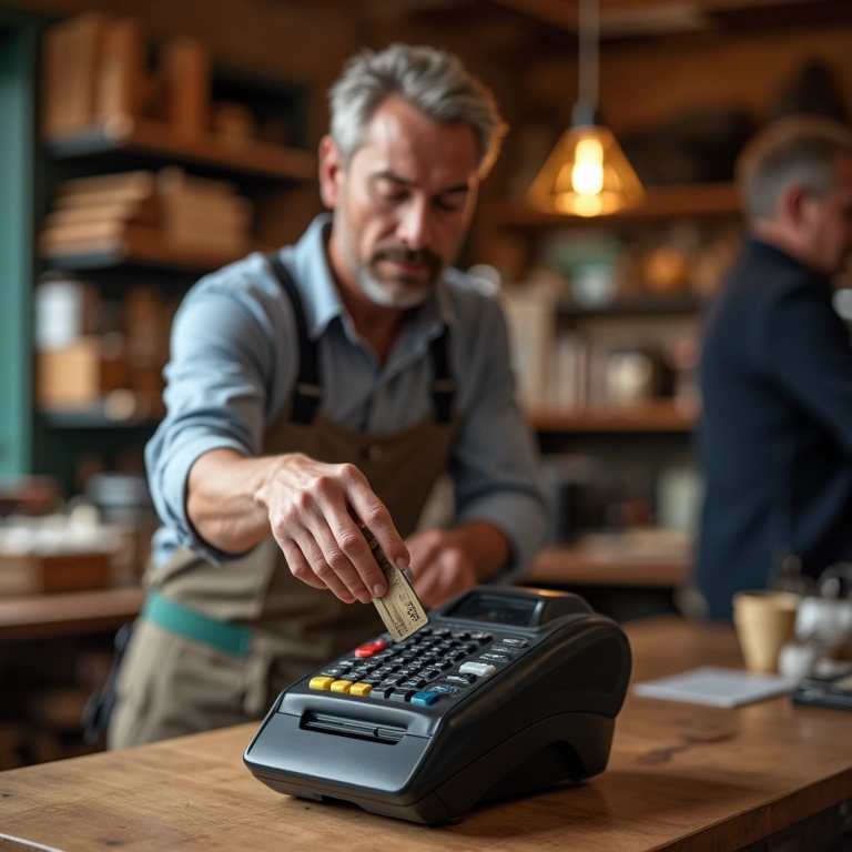 Artisão usando cartão de crédito para pagar suprimentos para sua oficina.