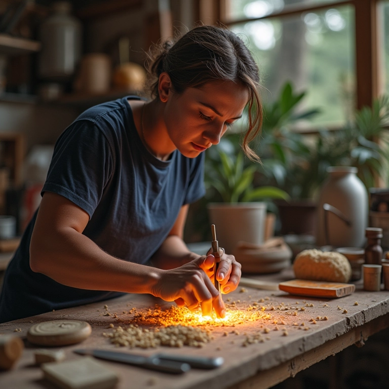 Artista criando produto artesanal, sem materiais visíveis, foco na habilidade.