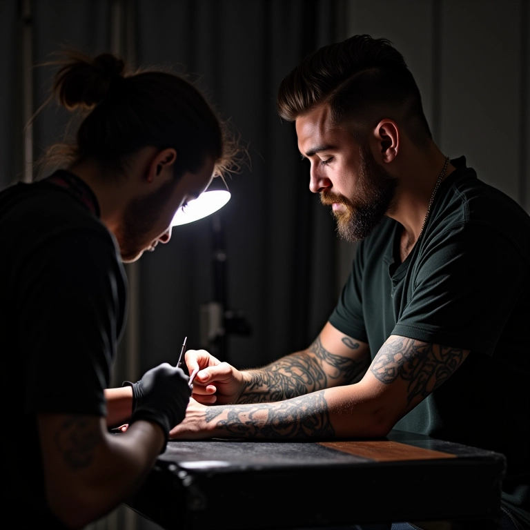 Artista de tatuagem ajustando iluminação em estúdio com foco no trabalho detalhado.