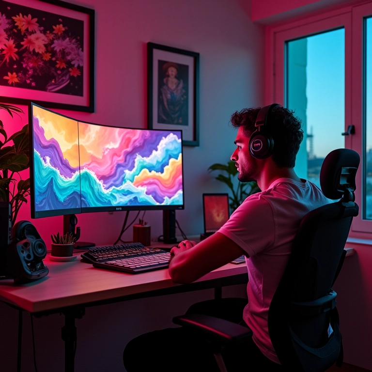 Artista digital criando conteúdo para o YouTube em um estúdio vibrante no Brasil.