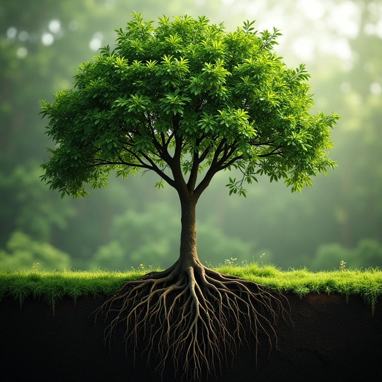 Árvore crescendo com raízes fortes, aprendendo com erros.