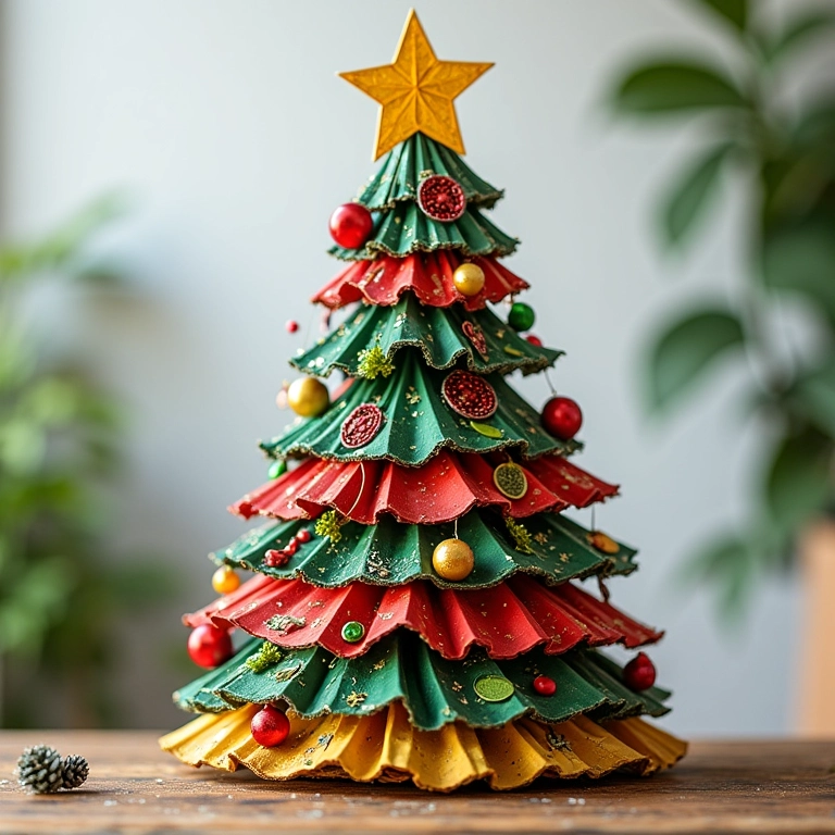 Árvore de Natal criativa feita com materiais reciclados em uma casa brasileira.