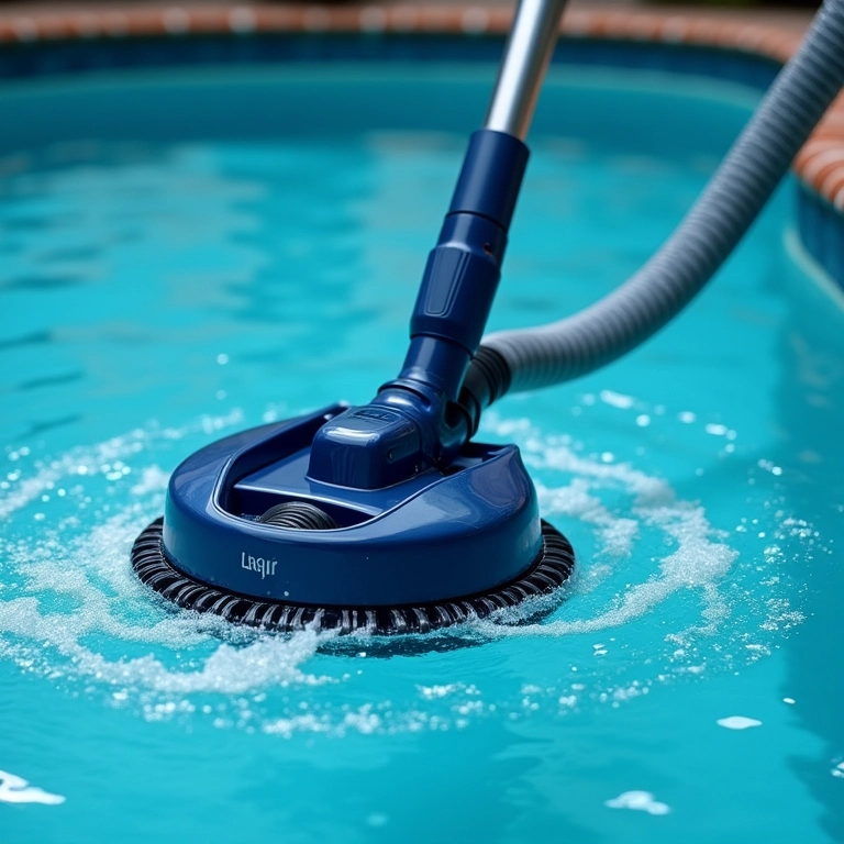 Aspirador de piscina em ação, limpando a sujeira do fundo.