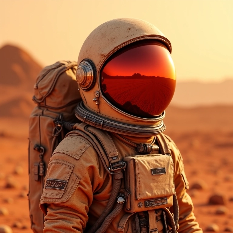 Astronauta em Marte com visor refletindo o céu vermelho.