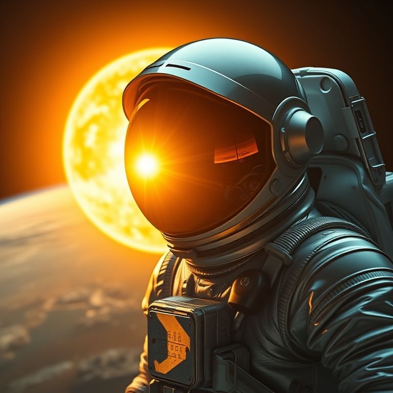 Astronauta se aproximando do sol com roupa reflexiva.