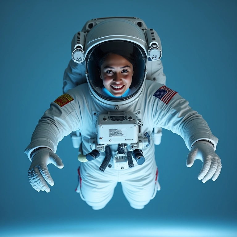 Astronautas flutuando em gravidade zero, sorrindo e relaxados.