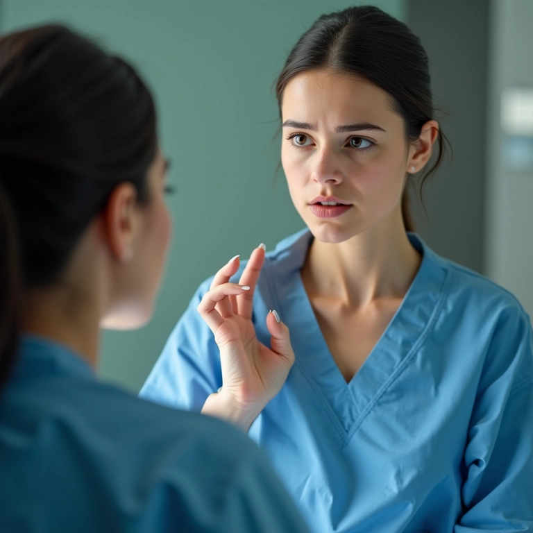 Atenção aos sinais de alerta: mulher examinando a área operada em busca de sinais de complicação.