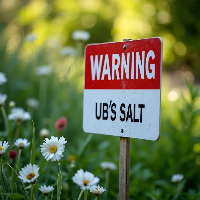 Atenção: placa de aviso sobre uso de sal perto de plantas.