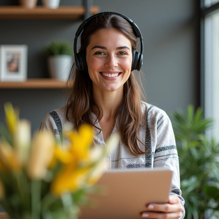 Atendente de floricultura ajudando cliente via chat online com expressão amigável.