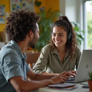 Atendente online sorrindo durante chamada de vídeo com cliente.