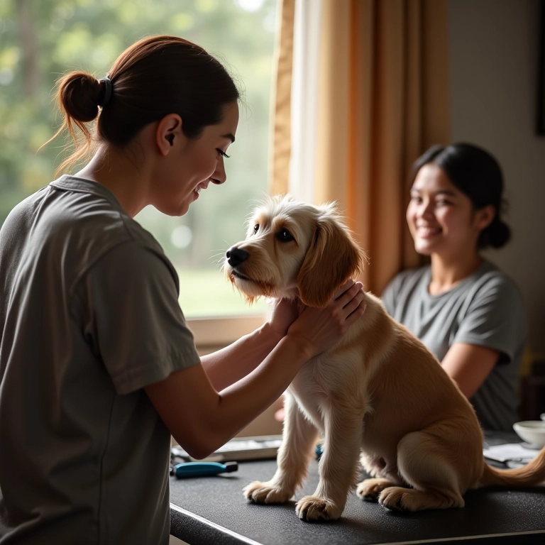 Atendimento personalizado em banho e tosa, tosador carinhoso com o cão.