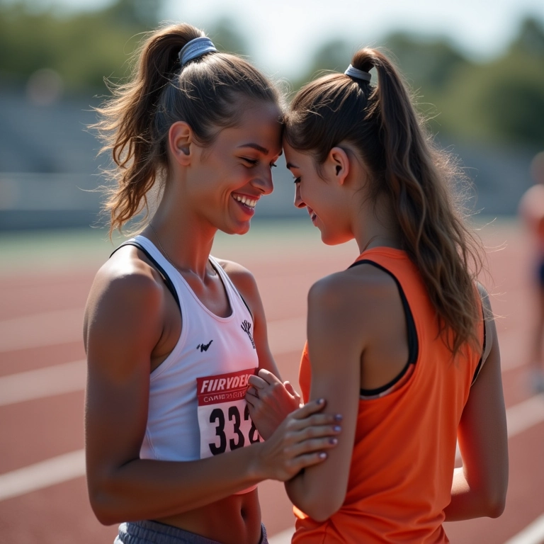 Atleta ajudando oponente machucada, demonstrando esportividade.