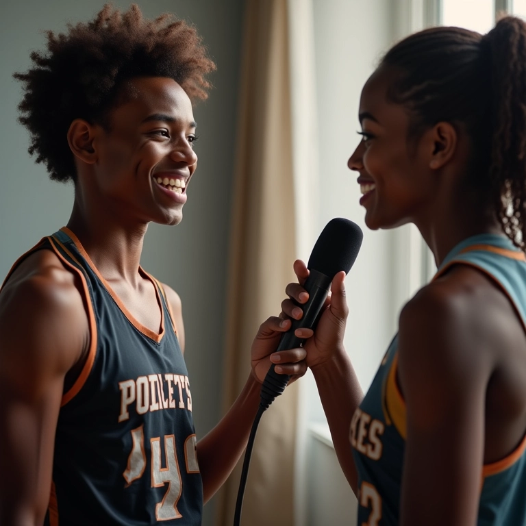 Atleta dando entrevista promovendo imagem positiva do esporte.