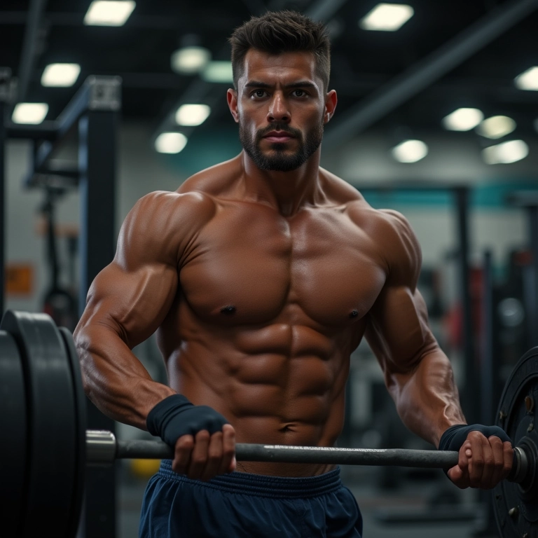 Atleta levantando peso com creatina ao lado.