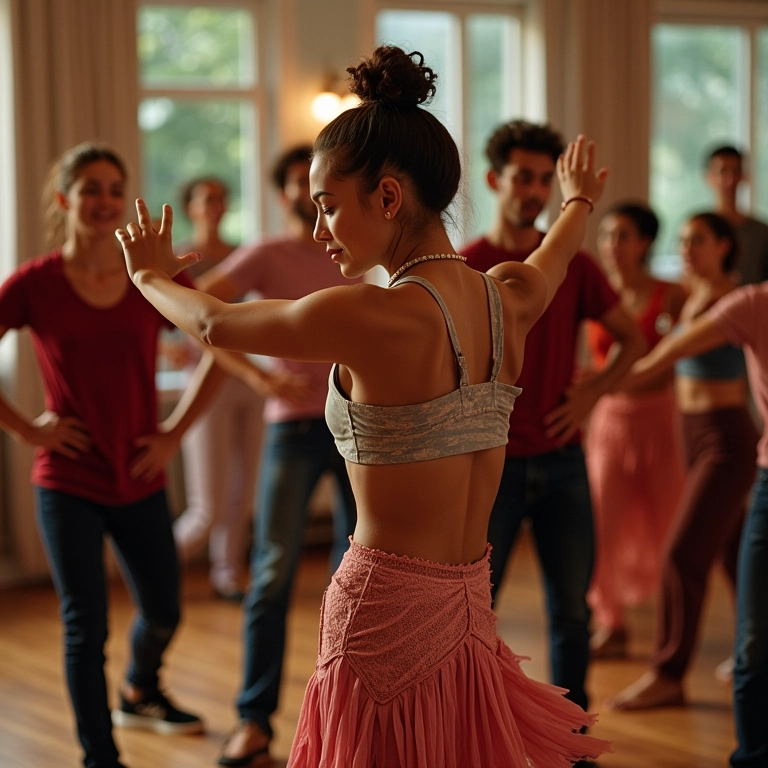 Aula de dança de samba com adultos diversos aprendendo os passos.
